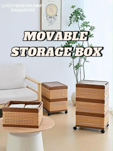 Minimalist Movable Folding Storage Box with Wheels Rattan Handle Rolling Cart Woven Pattern Basket
