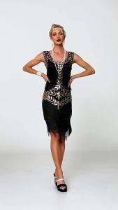ali9 Europe and America 1920 Vintage Gatsby Ball Gown Dance Dress round Neck Sequins Pearl Embroidery Tassel Vest plus Size Dress