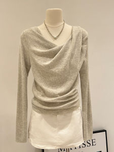 French Style Swing Collar Long Sleeves Base Knitwear Womens Autumn Side Ruched Tight Waist Oblique Shoulder Sweet and Spicy Chic Inner Wear Blouse