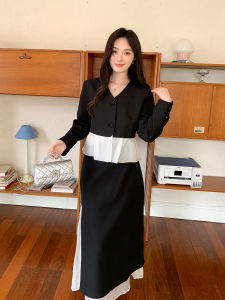 GERTCOREL2026 Blue Patchwork Suit Jacket Long Dress Commute Set Elegant Classic Style Womens Fashion Ensemble Autumn Spring