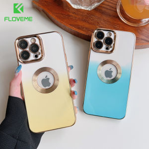 FLOVEME Plating Gradient CD Pattern Logo Hole Phone Case For iPhone 14 13 12 11 Pro Max Camera Lens Protection Candy Color Shockproof Back Cover For iphone X XR XS Max 7 8 Plus