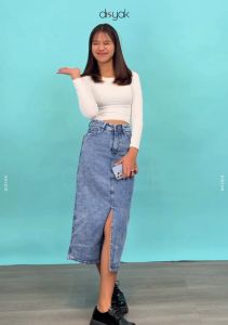 DISYAK - Rok Highwaist Midi Skirt Jeans Panjang Wanita Slit Depan Ocean Blue 8511-8611