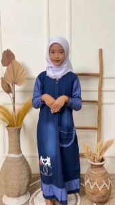 GAMIS ANAK UMUR 9-12 TAHUN UKURAN LD 90 CM PJ 115 CM BAHAN JEANS WASH DAN KOMBINASI KATUN