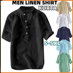 Mens Plus Size Kurta T-Shirt Linen Short Sleeve Plain Shirt Casual Muslimah Raya Shirts Tops Baju Kemeja Lelaki Berkolar