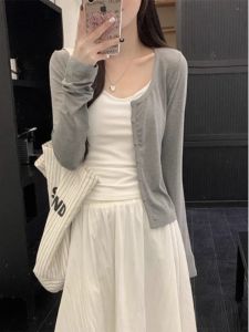 เสื้อคาร์ดิแกนถักสีเทาแบบลำลองสำหรับผู้หญิง แขนยาว ทรงสลิมฟิต ทรงหลวม แฟชั่นฤดูใบไม้ร่วง เสื้อคลุมกันหนาวแบบบาง