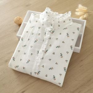 Casual Cotton Shirt Womens Loose Pure Cotton Soft Skin-friendly Short Sleeve round Dot Pattern Commute Style Ladies Top