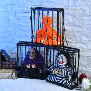 Halloween Decoration Prisoner Ghost In Cage Scary Skull Prop Electric Skeleton Toy Glowing Eye Sound Doll Hangable Talking Ghost