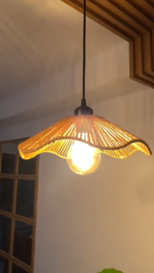 6Heads Lotus Leaf Bamboo Pendant Light Paper Rope Rattan Boho Handwoven Wicker Lampshade for Villa Staircase Long Drop Lamp