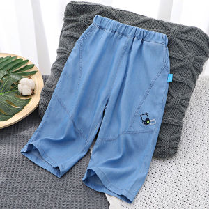 Loose Fit Boys Seven-Foot Pants Summer Casual Soft Thin Ice Silk Tencel Denim Shorts mid Waist Elastic Band Breathable Kids Jeans