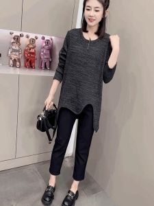 Elegant Midi Length Asymmetrical T-Shirt Womens Fashion Long Sleeve round Neck Black Versatile Commute Style Winter Season