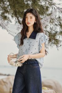 Áo Sơ Mi Tay Ngắn Kẻ Caro Mùa Hè Cho Nữ Thiết Kế Thanh Lịch Áo Chui Đầu Vải Polyester Áo Chui Đầu Dáng Ôm