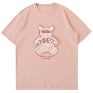 Loose Casual Bear Cartoon Print Short Sleeve Mens T-shirt Breathable Cotton Summer Fashion Youthful Style Couple Tops