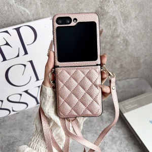 Luxury Crossbody Lanyard Rhombus Pattern PU Leather Phone Case For Samsung Galaxy Z Flip 8 7 FE 6 5 4 5G Hinge Protector Cover