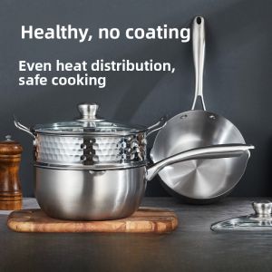 Stainless Steel Flat Bottom Wok Pot for Induction Cooker Noodle Soup Fried Food Steamer Cage Covered Home Use Small Milk Pot