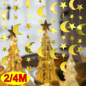 Gold Star Moon Circle Dot Crescent Lamp Eid Paper Garland Mubarak Ramadan Streamer Backdrop Muslim Party Banner Decorations