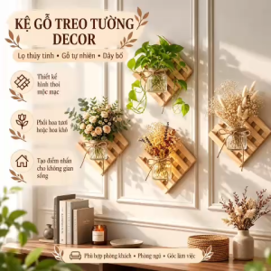 Kệ Gỗ Hình Thoi Kèm Lọ Thủy Tinh Ribbed Glass Vase Trang Trí Tường