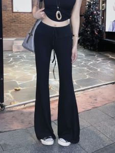 Slim Fit Casual Pants Summer Cool Sensation Comfortable High Rise Versatile Simple Drawstring Bell Bottoms Ladies Cotton Blend