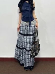 Váy Chữ a Dài Họa Tiết Kẻ Caro Ren Đan Nối Váy Bánh Nửa Cổ Váy Nữ Phong Cách Công Sở Cạp Cao Mùa Hè 2025