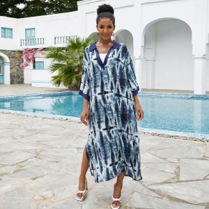 Stylish Blue Tie Dye Kaftan Dress With Collare V-Neckline Bohemian Women Shirt Maxi Dress Caftan Loose Shape Robe Beach CoverUps