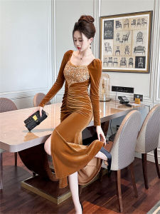 Elegant Velvet Evening Dress Bodycon Skirt High Waist Zipper Style Sequin Detail Long Sleeve Floor Length for Party Ball
