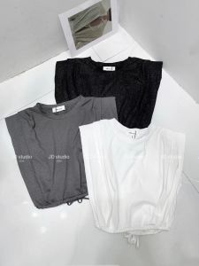 Purpleflower Holly Leaf Guangzhou Thirteen Lines South Korea High Goods Womens Clothing Kan Padded Shoulder Vest T-shirt Short Waist Trimming Lace up Tops Summer