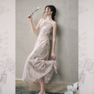 New 2025 Chinese Style V-Neck Vest Dress Womens Summer Luxury Sensation High Waist Long A-Line Printed Gown by JKJS