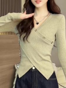 plus Size Fashionable V-Neck Base Shirt Autumn New Style Slimming Long Sleeve Top Waist-Cinching Design for plus Size Women