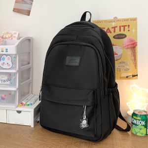 Black Large Capacity Nylon Backpack for Girls 2023 New Style Korean Pure Color Zipper Closure School Bag with Phone And Laptop Pocket