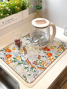 ครัวเคาน์เตอร์ดแผ่นดูดซับน้ำจานรองแก้วกันลื่น，ทำความสะอาดง่ายดูดซับแผ่นลื่นทนความร้อน  น้ำซุปข้นไดอะตอมแผ่นระบายน้ำ