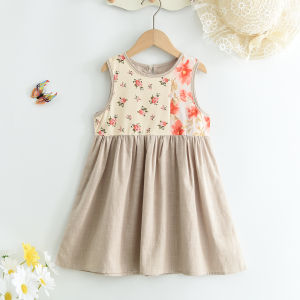 ชุดเดรสพิมพ์ลายดอกไม้ฤดูร้อนสำหรับเด็กผู้หญิงชุดเดรสคอกลมแขนกุดพิมพ์ลายหมี3ถึง7ปีเสื้อผ้าลำลองเกาหลี