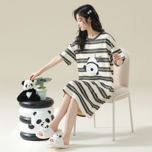 ชุดนอนผู้หญิงแขนสั้นผ้าฝ้ายแท้ฤดูร้อน 2025 ใหม่ แขนสั้นบาง ชุดนอนลายการ์ตูนน่ารัก กระโปรงยาวปานกลาง ไซส์ใหญ่ เสื้อผ้าใส่ในบ้าน