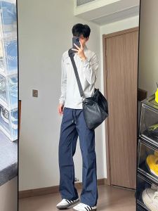 Trendy Ice Silk Mens Summer Casual Pants Diagonal Cut Loose Fit Straight Leg Three-Proof Knife Edge Quick Dry Cargo Trousers