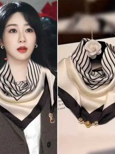 K-style Stripes Small Square Towel Scarf Womens Spring & Fall Magnetic Buckle Triangular Binder Shirt Neck Protection Scarf Thin Scarf Scarf