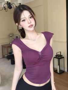 GUZILIAN | Low V-neck Short Sleeve T-shirt Womens Summer Slim Fit Shirt With Chest Pad Pleated Design Casual Comfortable Breathable