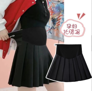 Black A-Line Mini Skirt Maternity Skirts Spring Autumn Korean Style Nylon Fabric Pure Color Belly Support Half-length Skirt