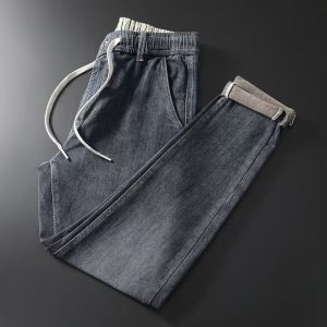 Mens Elastic Waist Drawstring Jeans Slim Fit Casual Pants Spring Autumn Versatile Loose Long Trousers Trendy Teen Jeans