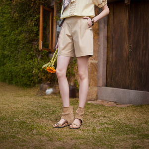 XIANGYING | Cotton Thin Kaki Shorts For Petite Figure High Waist Straight Leg