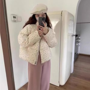 Floral Print Padded Jacket Womens Thickened Bread Style Cotton down Coat Spring 2023 Korean Sweet Small Size Outerwear