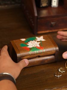 Solid Wood Crafts Creative Hand-painted Lotus Storage Jewelry Box Cotton Swab Toothpick Box Business Card Box