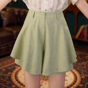 Shalldoer | Quần short xanh cạp cao ôm sát cơ thể thường ngày cho nữ mùa hè 2025 quần dài ống rộng chữ A cạp cao phong cách ngọt ngào