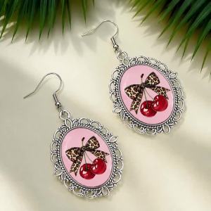 Pink Bow Cherry Glass Dangle Earrings Retro Filigree Oval Pendant Jewelry Sweet Fruit Ear Drops For Women Girls Holiday Gift