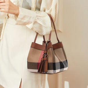 Aidrani  2024 New Retro Womens Small Handbag Premium Canvas with Cowhide Checkered Bucket Bag