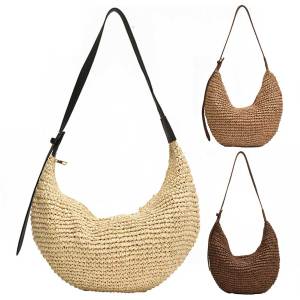 LovSpor❤ Women Straw Woven Half Moon Bag Zipper Closure Simple Solid for Travel Shopping