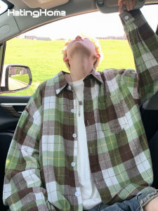 HetingHOME | Hetinghome Plaid Long Sleeve Loose Mens Shirt Trendy Autumn Fashion Couples Shirt American Style Washed Polyester Cotton Blend