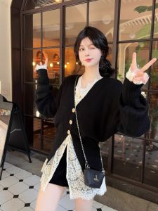 Early Autumn New Style Black V-Neck Knitted Long Sleeve Open Cardigan Top Womens Inner Lace Base Shirt Fashion Two-Piece Set