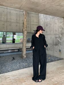 Ladies Loose Fit Polo Neck Sun Protection Shirt And Wide Leg Casual Pants Fashionable Two Piece Set Summer White Ensemble