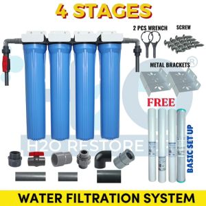 Water Filter 4 Stages 20" Slim Type Refillable Premium Deepwell No Bypass Fittings Complete Set up