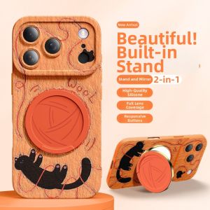 SUPER MOUSE | Anti-Shock Full-Cover Lens Protection Case with Mirror Stand and Cartoon Cat Design for iPhone 17 Pro Max