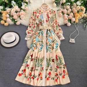 Fashion Vintage Court Style Dress Waist Trimming Lace up round Neck Long Sleeves Ruffles Western Style Mori Fairy Style A- line Skirt