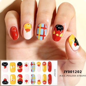 16tips Cute Cartoon Cat Nail Polish Strips Multicolor Checker Heart Animal Pattern Nails Art Stickers Semi-Cured Manicure Decals